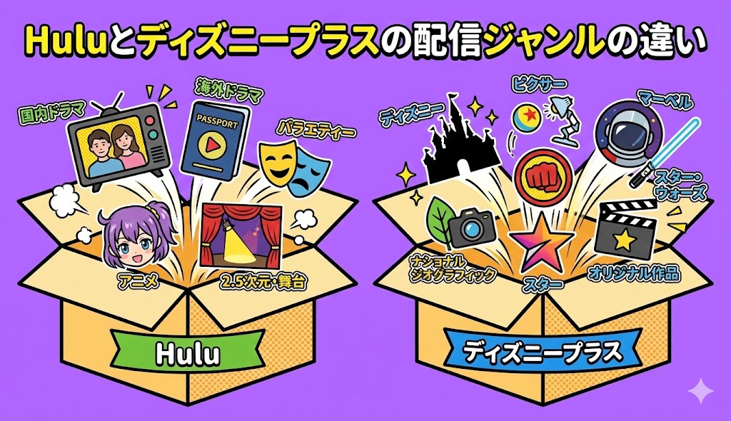 Huluとディズニープラスの配信ジャンルの違い